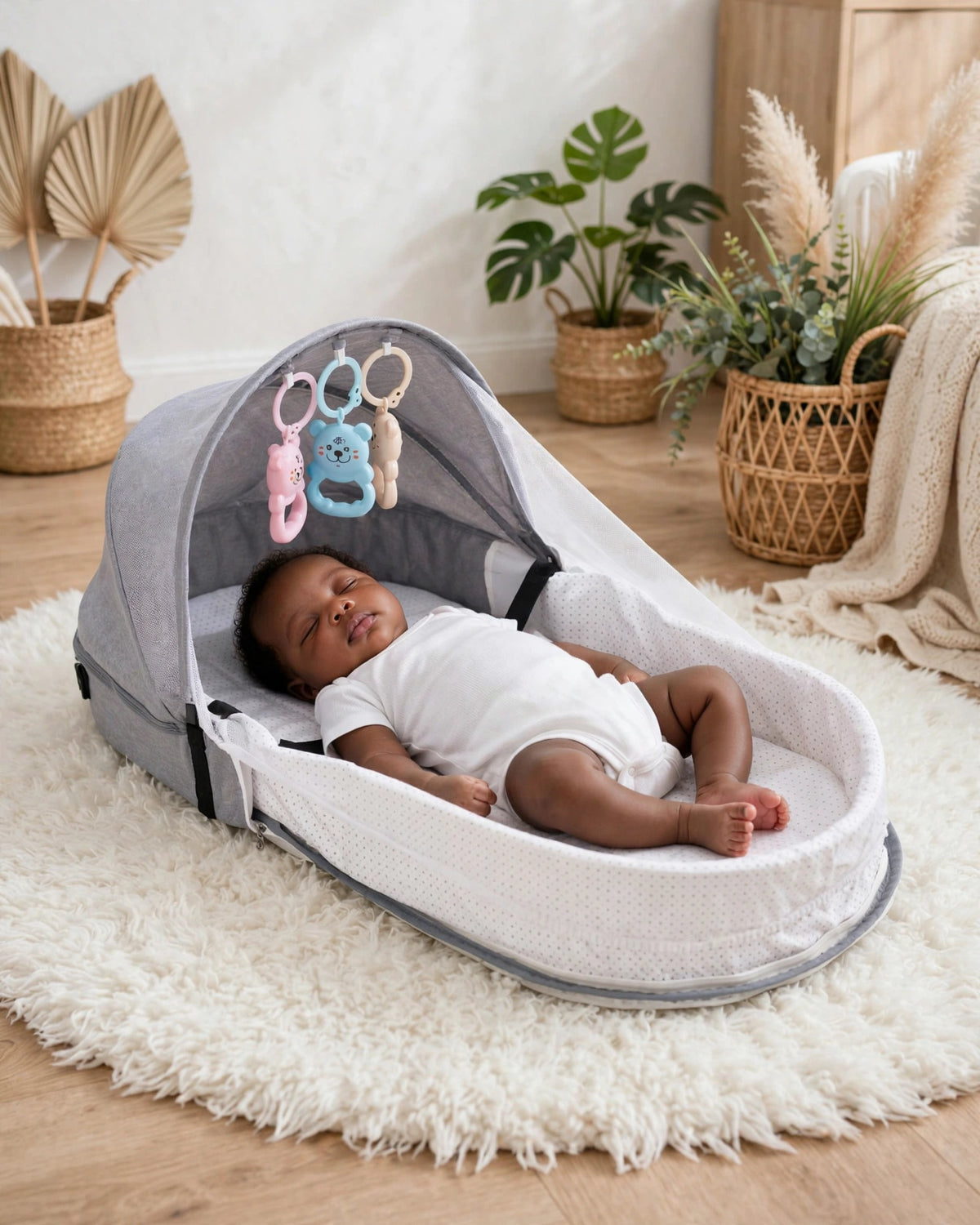 Portable Baby Travel Crib with Mosquito Net | Foldable Newborn Cradle | Grey