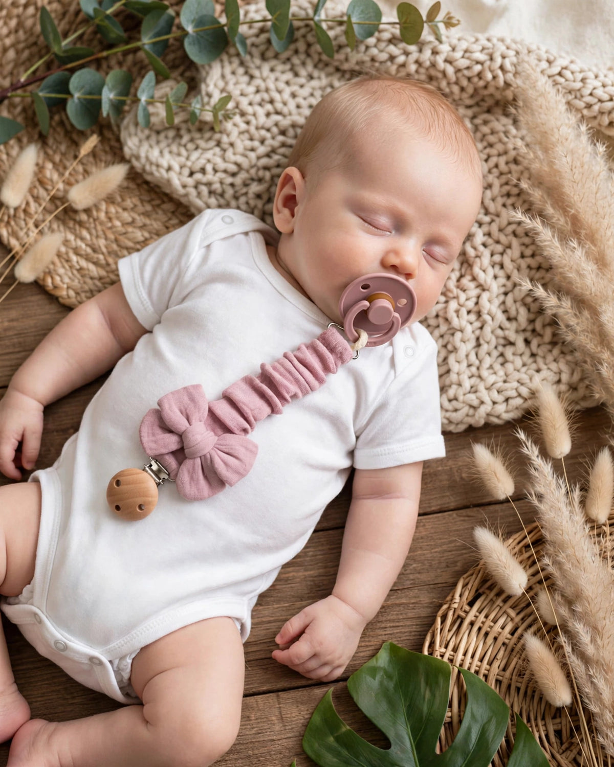 Baby Bowknot Pacifier Clips – 2pcs Wooden 3-Hole Holder, Solid & Printed