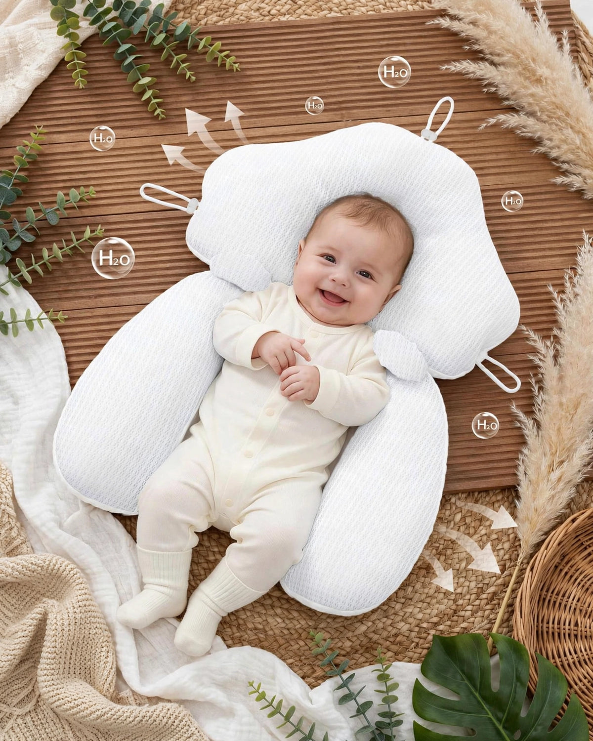 Baby Anti-Flat Head Pillow – Reversible 4-Season Cuddle Pillow, Leaf & Feather Design