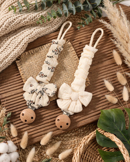 Baby Bowknot Pacifier Clips – 2pcs Wooden 3-Hole Holder, Solid & Printed