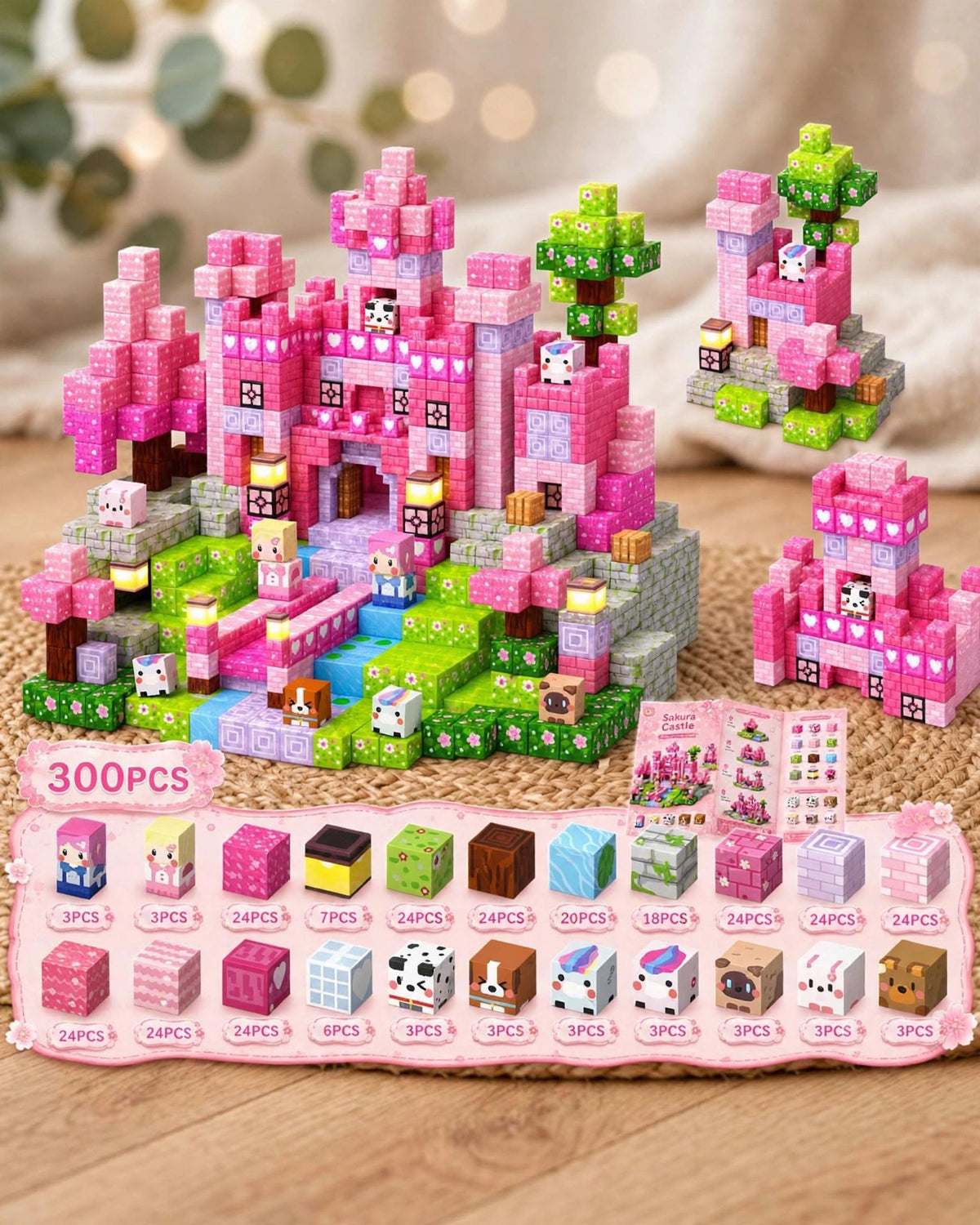 Magnetic Building Blocks – Pink Heart Flower Series (48/100/200/300pcs)