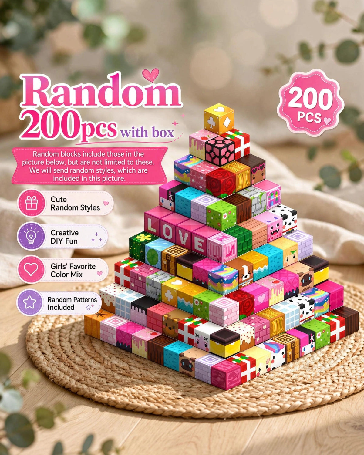Magnetic Building Blocks – Pink Heart Flower Series (48/100/200/300pcs)